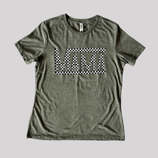 Olive green t-shirt with a checkered 'MAMA' graphic design on the front
